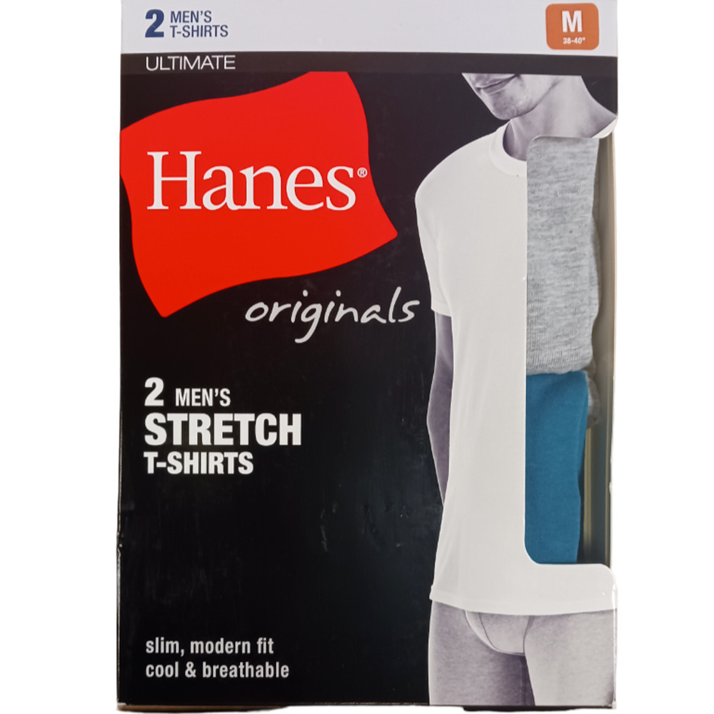 Hanes T-Shirts Mens 2-Pack Crew Stretch Ultimate Slim Teal Grey Medium (38-40")